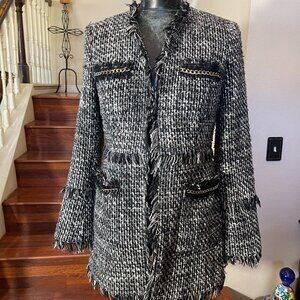 INC Women's Black White S Frayed Tweed Open Blazer Jacket Fringe Trim Pockets
